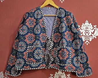Cotton Block Print Quilted Kimono Jacket: Handmade Indian Patchwork Coat