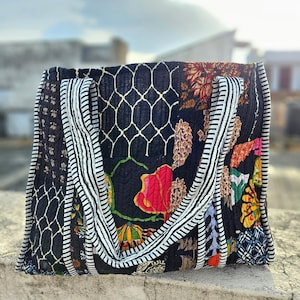 Black Quilted Patchwork Tote Bag: Handmade Kantha Stitch, Upcycled Cotton