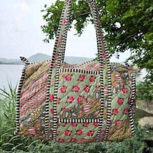 Quilted Patchwork Duffle Tote Shoulder Green Bag Cotton Eco-Friendly Sustainable Strudy Travel, Yoga Shopping Beach Artist Boho Weekender
