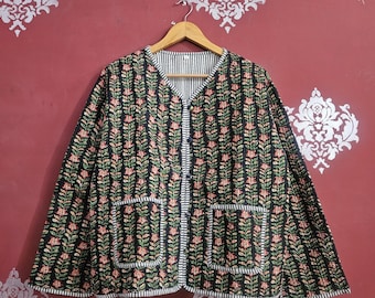 Gewatteerd katoenen jack met blokprint, omkeerbaar boho-jack met bloemen, handgemaakte boho-damesjas
