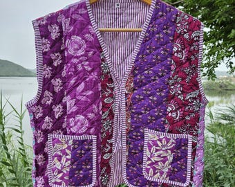 Chaleco acolchado de algodón hecho a mano con retazos: Chaqueta sin mangas estilo bohemio