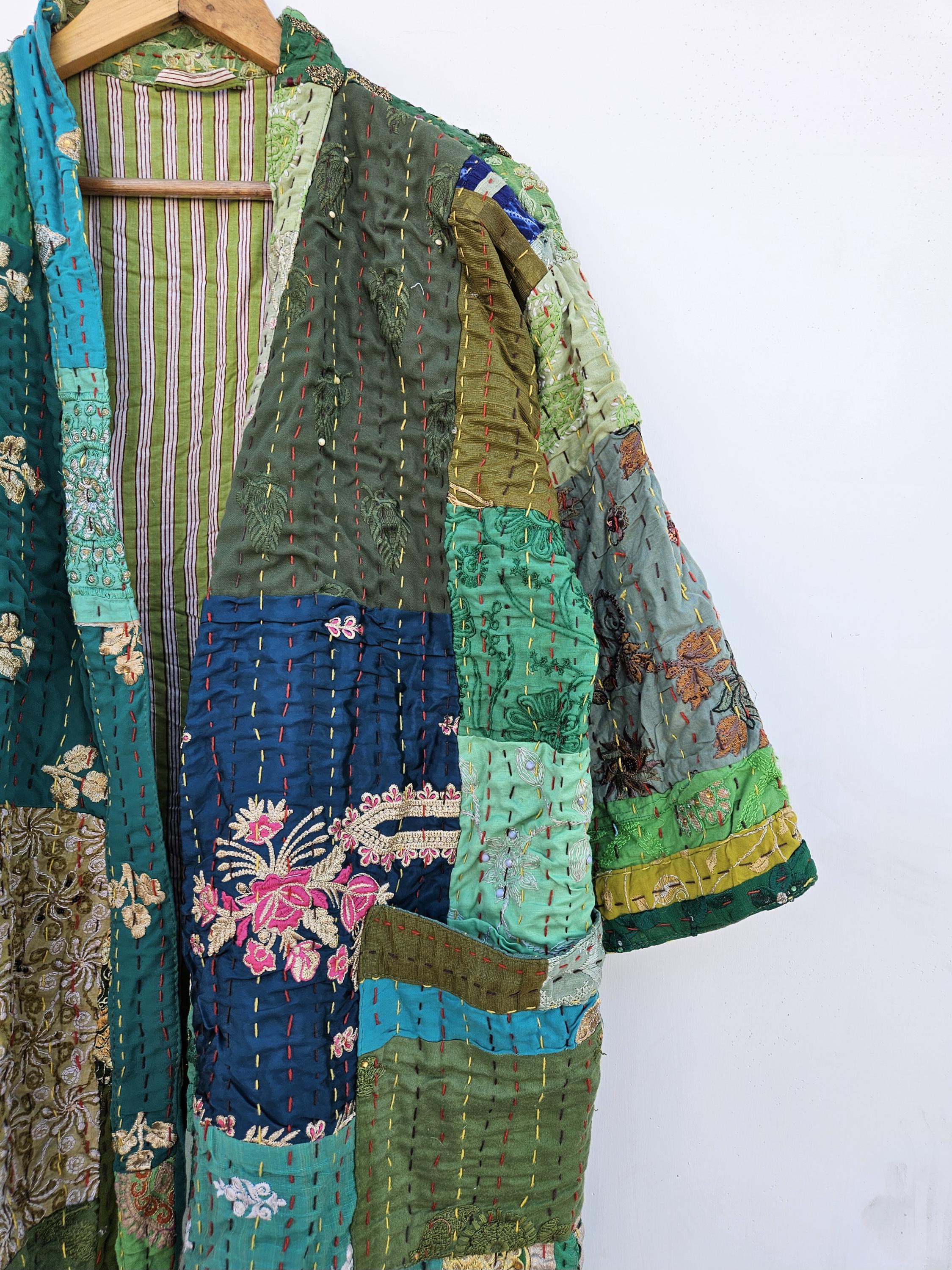 Kantha Robe Patchwork Kantha Kimono Robe, Quilted Cotton Coat, Vintage Style - Etsy
