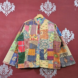 Multicolor Silk Patchwork Quilted Jacket: Reversible Indian Coat