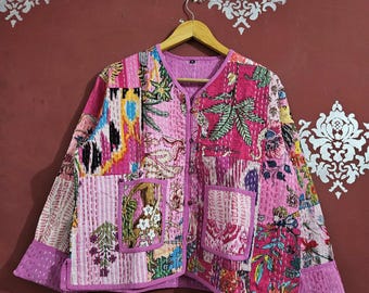 Handmade Pink Patchwork Cotton Quilted Boho Jacket