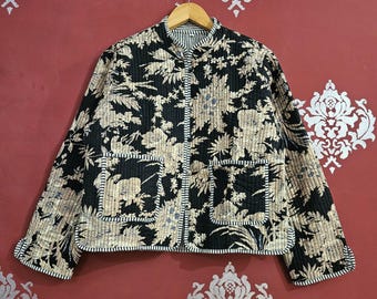 Katoenen gewatteerd jack met blokprint: handgemaakte boho patchworkjas