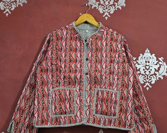 リバーシブルブロックプリントコットンキルティングジャケット