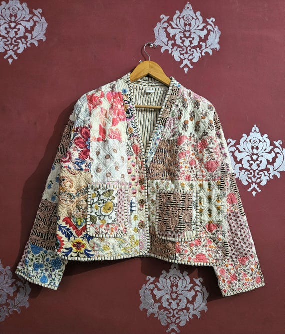 ハンドメイドパッチワークコットンキルティングジャケット：インドの