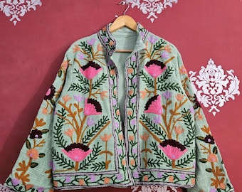 Handmade Suzani Embroidered Cotton Jacket: Indian Boho Coat