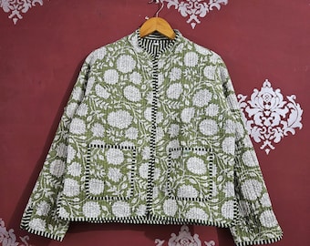 Green Floral Block Print Cotton Jacket: Handmade Reversible Boho Coat