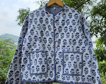 Floral Block Print Quilted Cotton Jacket: Reversible Boho Coat