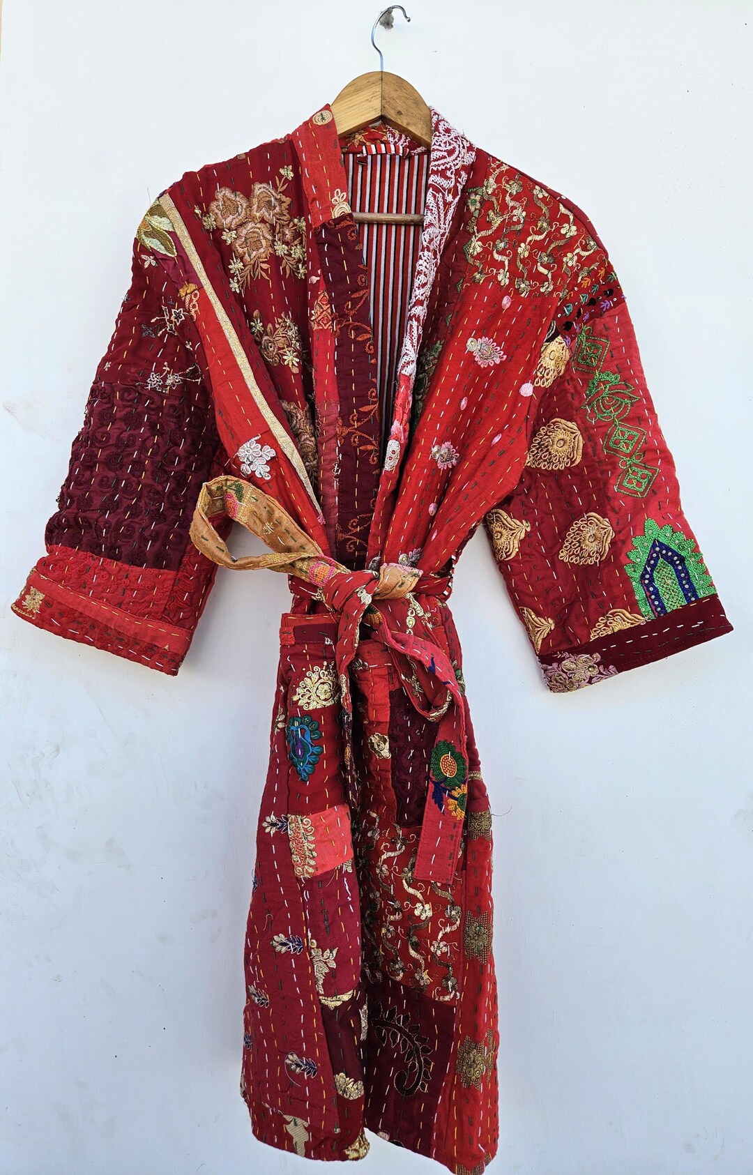 Kantha Robe Handmade Red Kantha Quilted Robe, Indian Cotton Kimono Jacket - Etsy