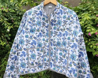 Handgemaakt katoenen jack met blokprint: boho bloemen patchwork