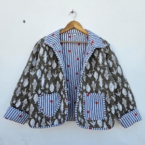 Handmade Block Print Cotton Jacket, Fish Heart Quilted Coat, Boho Patchwork Outerwear, Women's Coat