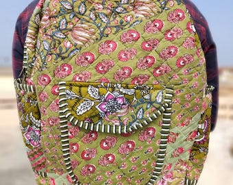 Green Floral Quilted Cotton Backpack, Handmade Indian Patchwork Travel Bag