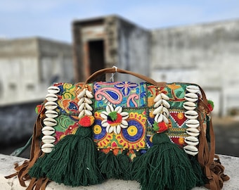 Handgjord broderad axelväska med gobeläng: Boho Hippie Festival-väska