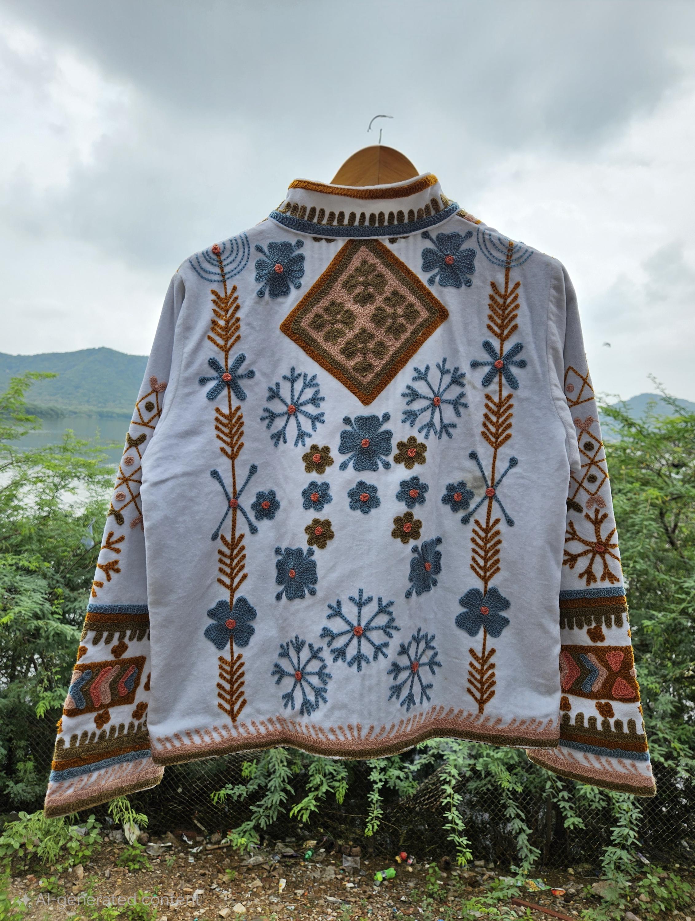 ホワイトベルベットのスザニ刺繍ジャケット：ボヘミアンヒッピー