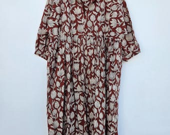 Hand Block Printed Cotton Midi Dress, Boho Floral Gauze