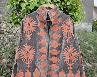 Handmade Suzani Embroidered Velvet Jacket, Indian Boho Coat