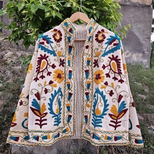Handmade Velvet Suzani Jacket, Boho Floral Embroidered Coat