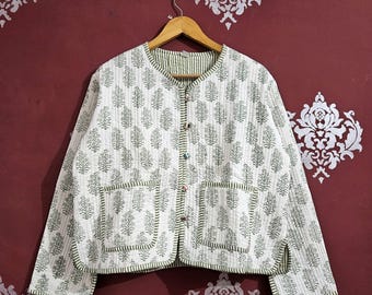 Katoenen gewatteerd jack met blokprint: handgemaakte boho patchworkjas