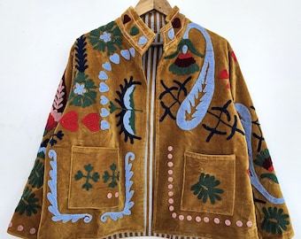 Hand Embroidered Velvet Jacket, Boho Folk Art Suzani Coat