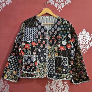 Handmade Black Cotton Patchwork Quilted Jacket: Indian Boho Coat