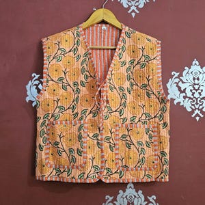 Floral Block Print Quilted Cotton Jacket: Handmade Indian Vest