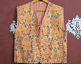 Chaqueta acolchada de algodón con estampado floral: chaleco indio hecho a mano