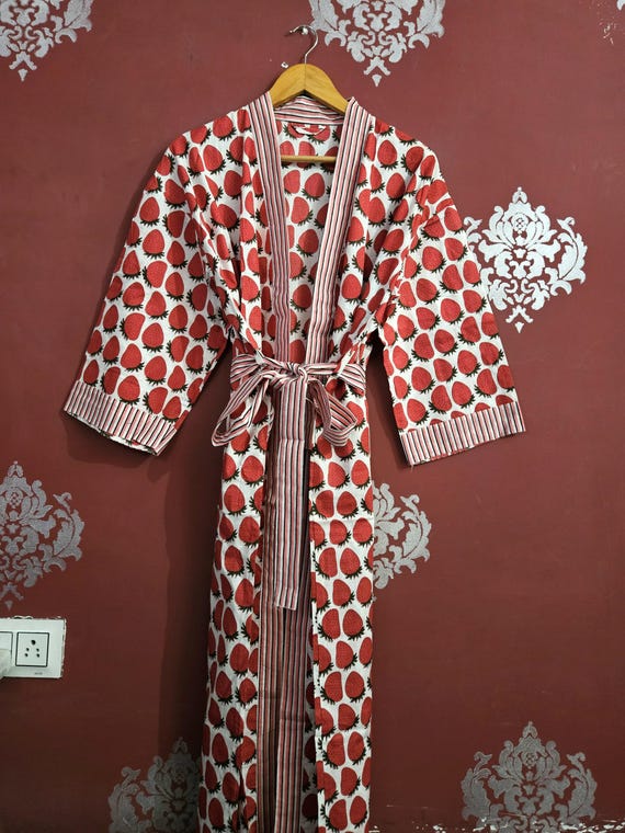 Robe quimono de algodão com estampa de blocos: roupão de verão com