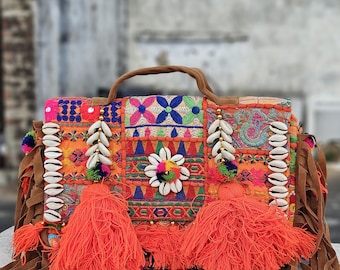 Broderad axelväska med gobeläng: Boho Hippie Festival-väska