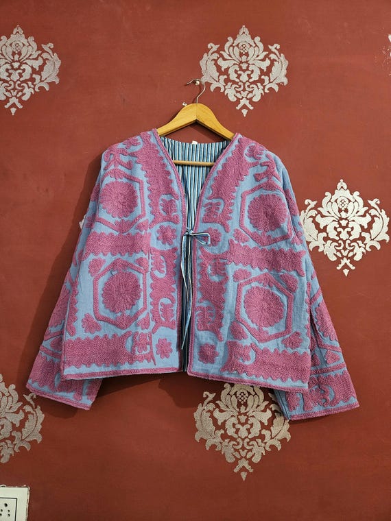 Handmade Blue Suzani Embroidery Jacket, Boho Quilted Cotton Coat, Canvas New Designs Jackets
