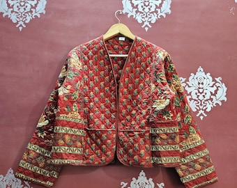 リバーシブルブロックプリントコットンキルティングジャケット