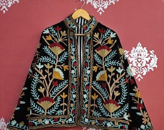 Floral Velvet Suzani Embroidery Jacket: Bohemian Handmade Coat