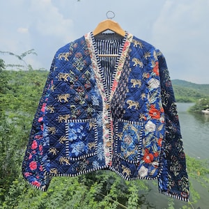 Handmade Kantha Quilted Jacket: Reversible Patchwork Cotton Boho Coat