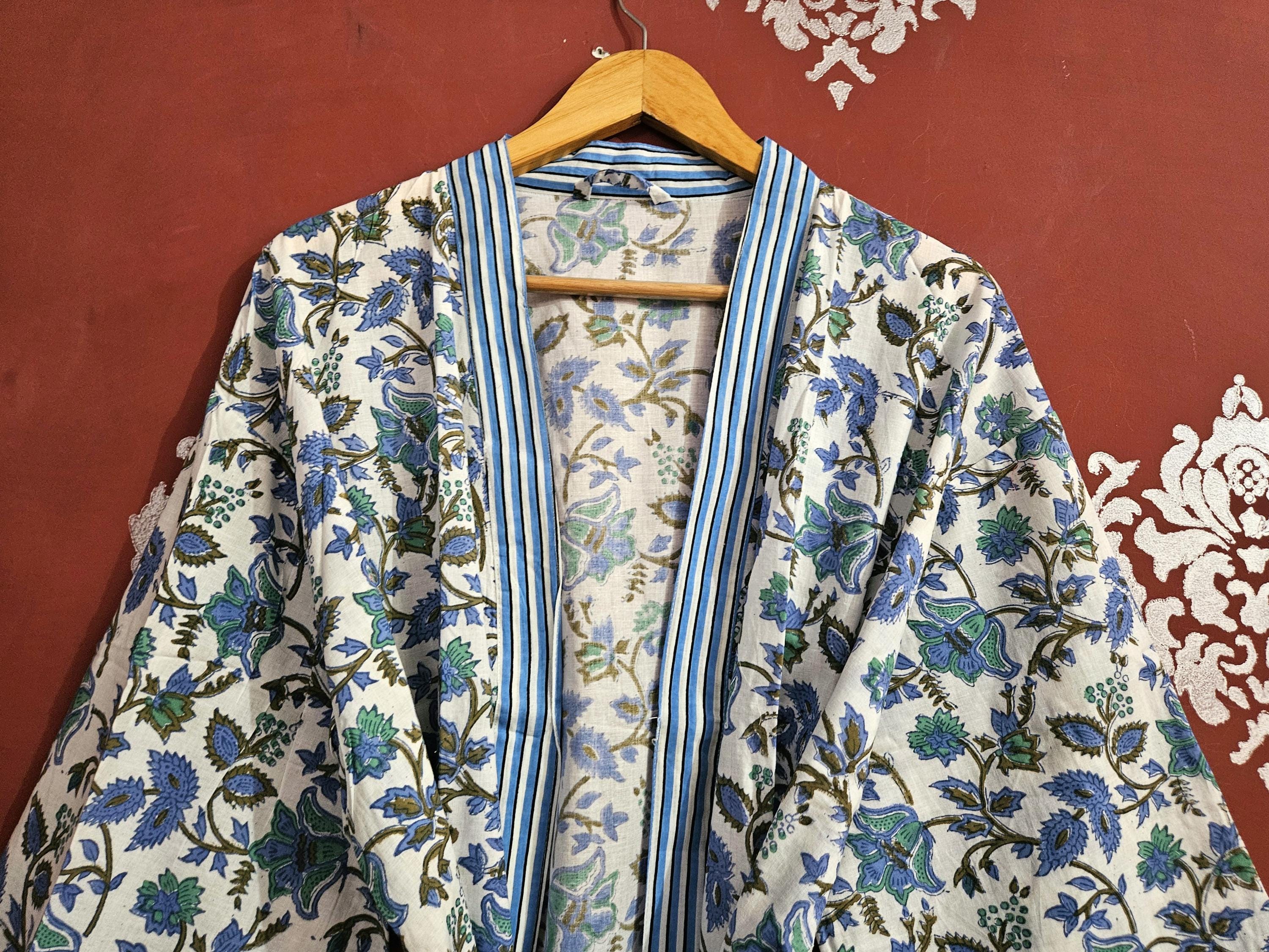 Drawn Block Robe White Floral Cotton Kimono Robe: Block Print Dressing Gown - Etsy