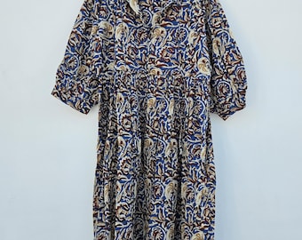 Hand Block Printed Cotton Midi Dress, Blue Floral Gauze Boho
