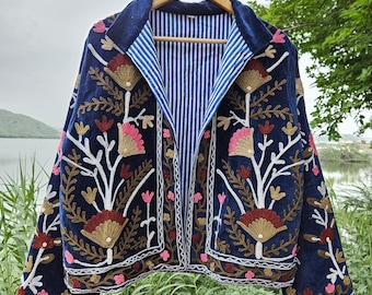 Velvet Suzani Embroidery Jacket: Boho Festival Coat