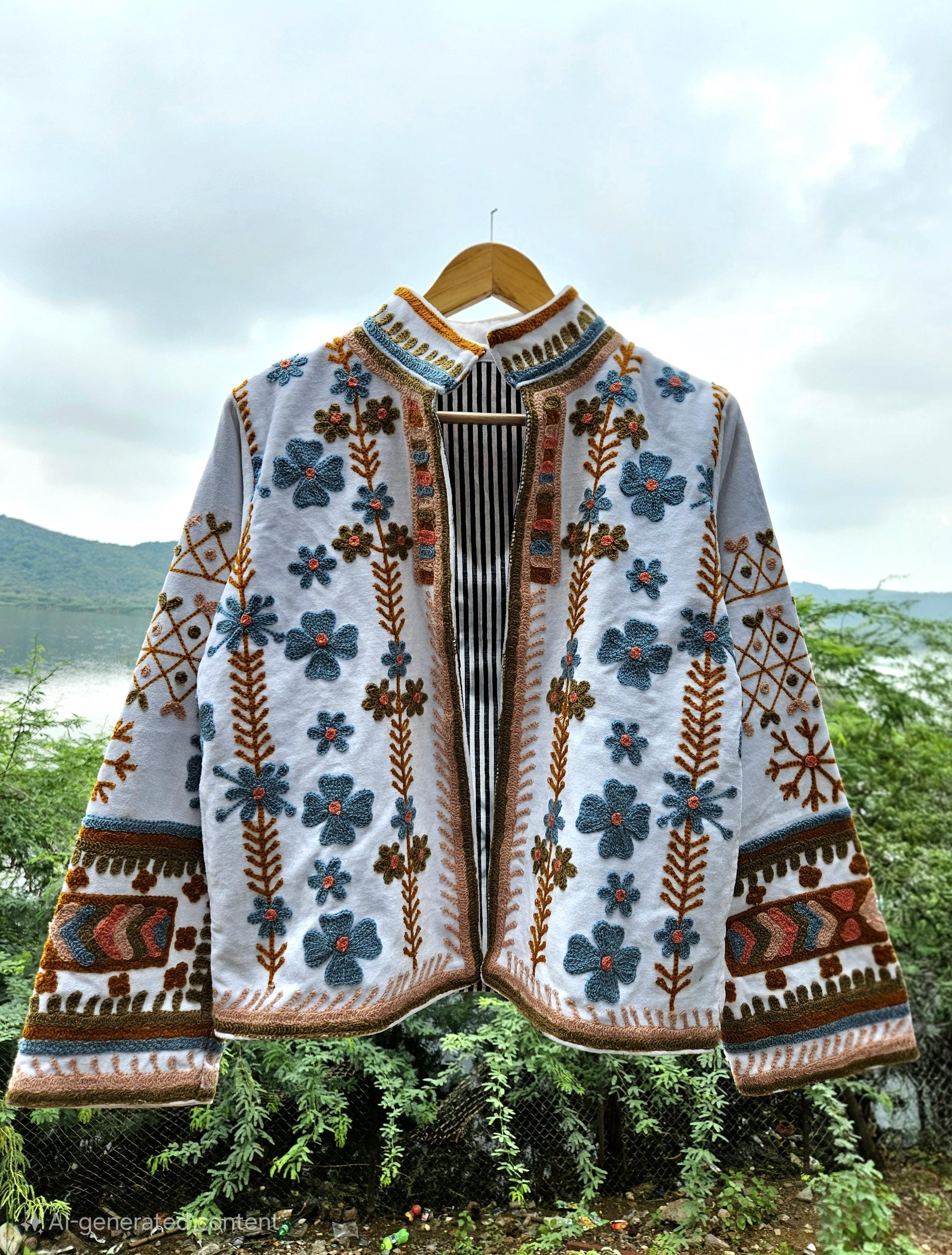 ホワイトベルベットのスザニ刺繍ジャケット：ボヘミアンヒッピー