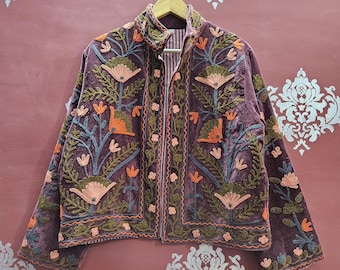 Floral Velvet Embroidery Jacket: Handmade Suzani Boho Coat