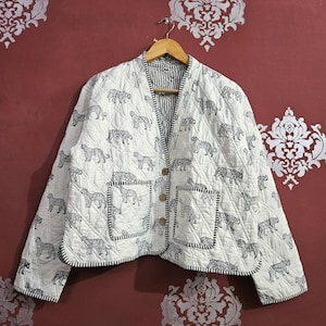 Tiger Block Print Quilted Cotton Jacket: Handmade Indian Boho Coat