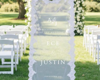 Romantic Lace Wedding Welcome Sign: Personalized Fabric Banner