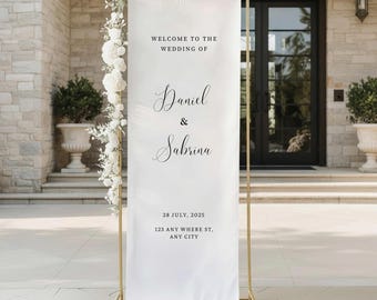 Letrero de bienvenida de boda de tela personalizado, letrero de boda de lino personalizado, decoración de boda bohemia, letrero de ceremonia moderno, letrero de tela rústica