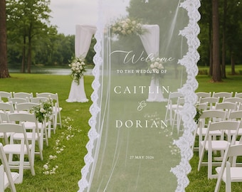 Letrero de bienvenida para boda de lino transparente con encaje: decoración bohemia moderna
