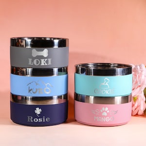 May include: A stack of four stainless steel pet bowls in various colors: gray, light blue, teal, and pink. Each bowl has a silver rim and is personalized with a pet's name and a related icon. The names are Loki, Kuro, Cookie, Rosie, and Mango.