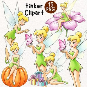 Puede incluir: Una colección de 15 imágenes prediseñadas PNG de Campanilla. Las imágenes presentan al hada con cabello rubio y vestidos verdes, interactuando con mariposas, regalos y flores. El título "tinker Clipart" está en la parte superior.