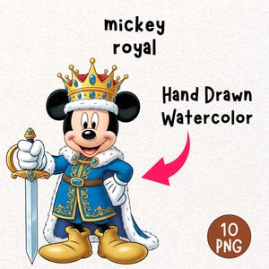 Puede incluir: Ilustraci&oacute;n de dibujos animados de Mickey Mouse vestido como un personaje real. Viste un atuendo azul y dorado, una corona y sostiene una espada. La imagen incluye el texto "mickey royal" y "Hand Drawn Watercolor".
