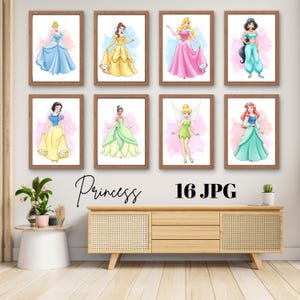 Princesses Wall Art, 16 Prints Set with Watercolor Splatter, Playroom Decor, Digital Princess Wall Art, Nursery Prints, Girls Room Decor