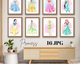 Op de afbeelding: Acht ingelijste aquarelprints van Disney-prinsessen in jurken. De prints staan in houten frames en worden op een muur boven een houten kast getoond. Het woord "Princess" staat eronder in cursief, met "16 JPG" rechts.