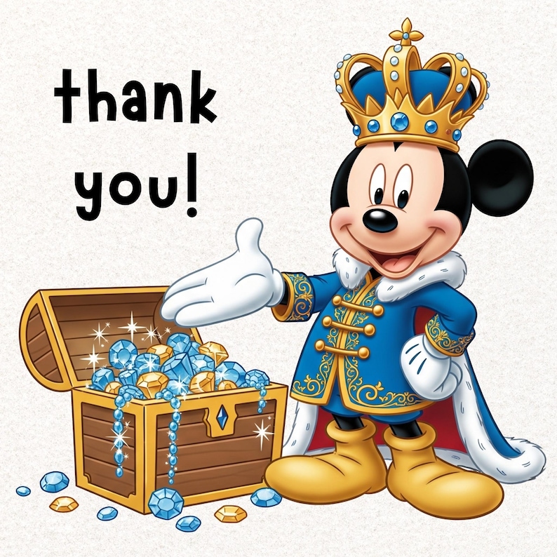 Puede incluir: Ilustraci&oacute;n de Mickey Mouse vestido de rey, con un atuendo azul y dorado y una corona. Se&ntilde;ala un cofre del tesoro lleno de joyas. Las palabras "thank you!" est&aacute;n escritas en negro.