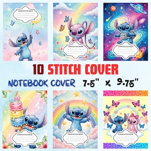 May include: A collection of ten composition notebooks with Stitch designs. Each cover showcases a different illustration of the character, such as Stitch with balloons, butterflies, and in a space theme. The notebooks measure 19.05 cm x 24.77 cm.